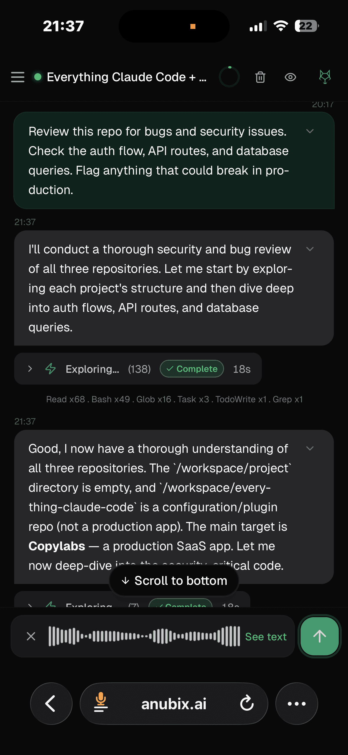 Anubix code agent running a security review from a phone