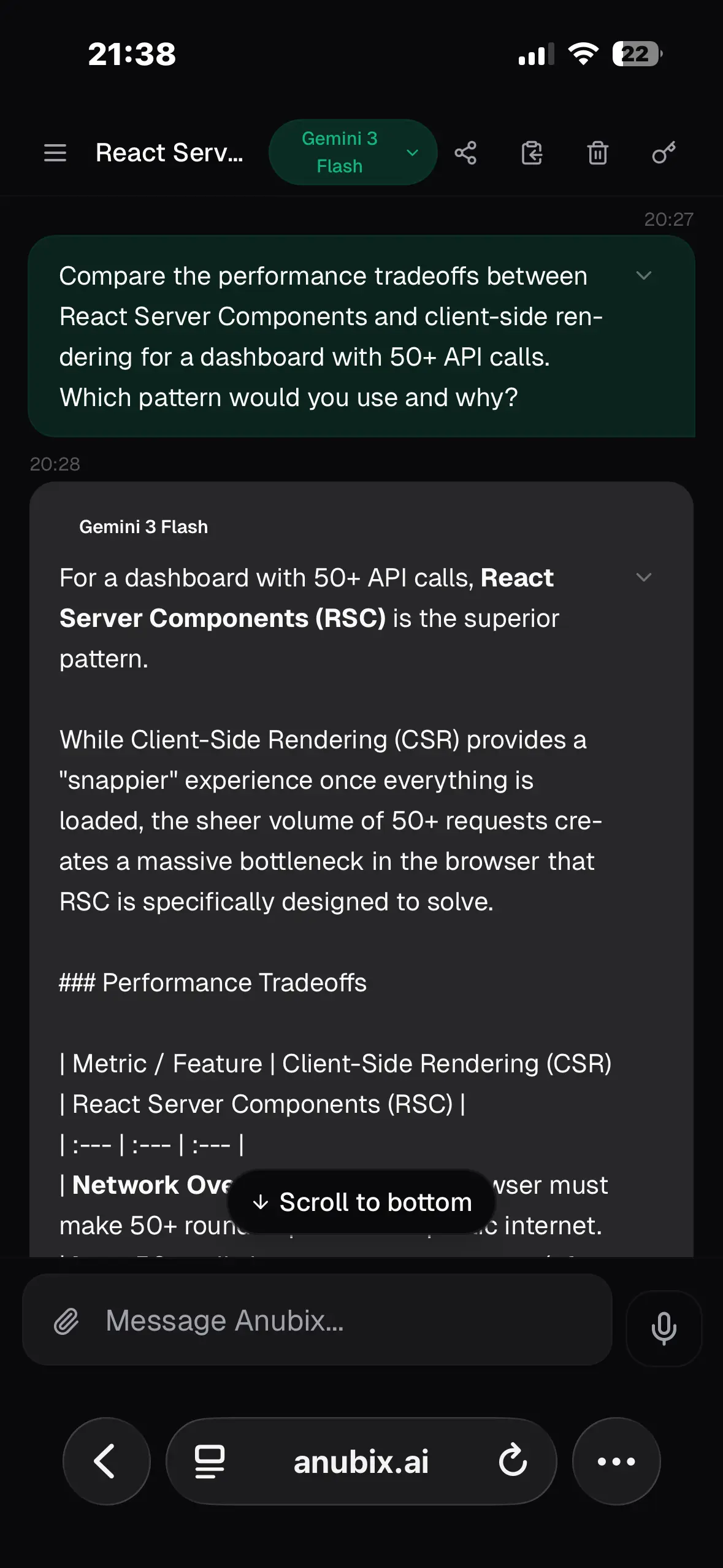 Anubix AI chat with Gemini comparing React patterns